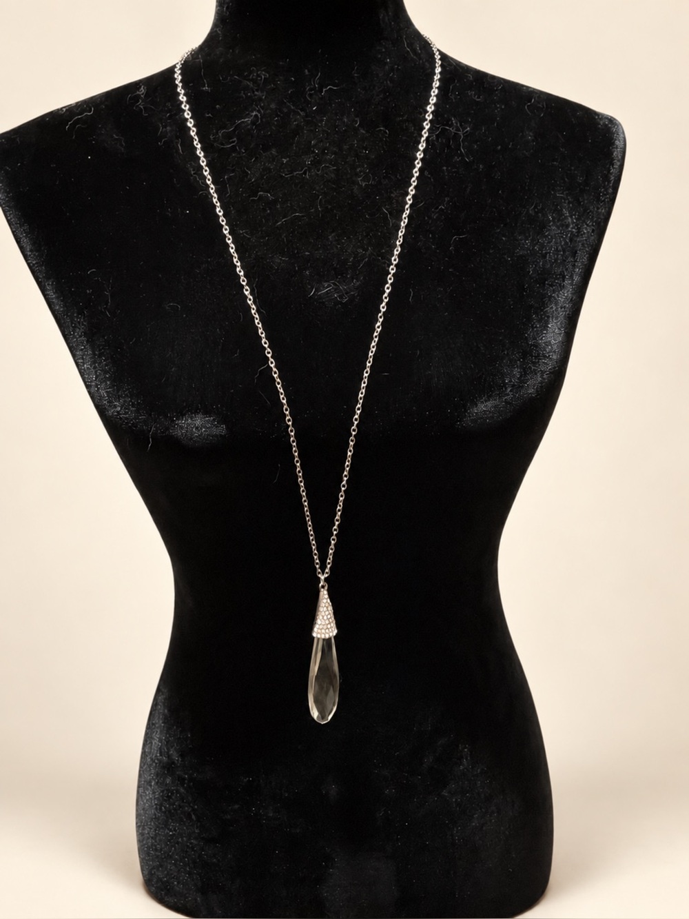 Long Pendant Necklace with Clear Teardrop